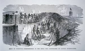 Vicksburg Kuşatması - General Hickenlooper tarafından inşa edilen tüfek çukurlarındaki keskin nişancılar (gravür) by American School