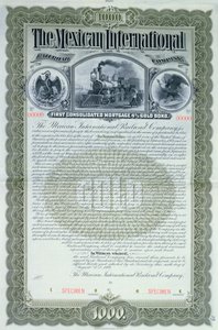 Meksika Uluslararası Demiryolu Şirketi için 1000 dolarlık örnek tahvil sertifikası, 1897 by American School