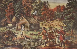 Batı Sınırındaki Öncüler Evi, pub. 1867, Köri ve Ives by American School