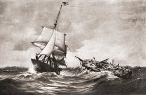 HMS Frolic'in, 18 Ekim 1812'de Atlantik'te 1812 Savaşı sırasında savaşan bir deniz harekatı olan USS Wasp savaş gemisi tarafından ele geçirilmesi, 'Ülkemizin Tarihi'nden, 1905'te yayınlandı (litho) by American School