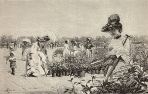 Brera'da yürüyen kadınlar, Milano, İtalya, Amerino Cagnoni'nin (1853-1923) Maggio (Mayıs) tablosundan gravür, L'Illustrazione Italiana'dan, yıl 10, sayı 43, 28 Ekim by Amerino Cagnoni