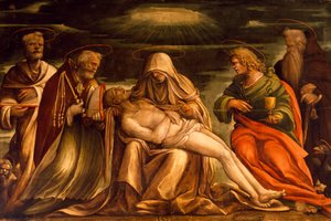 Saints Mark, Ambrose, John the Evangelist ve Anthony Abate arasında Pieta, Amico Aspertini (1474 veya 1475-1552), tuval üzerine tempera