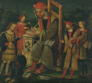St Cassian, öğrencileriyle çevrili koltuğunda