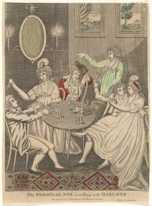 The Prodigal Oğul Harlots ile sersemliyor (O, Maddesini Riotous [sic] Living ile boşa harcadı - St. Luke 15 Bölüm 13v)