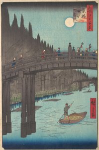 Kanal Üzerinde Dolunay, Köprü ve Kıyı Boyunca Büyük Bambu Yığınları, ca. 1857., yaklaşık 1857. by Ando Hiroshige