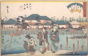 Sumida Nehri, Yanagi ailesi, çimlerden geçen bir figürdür. 1835-42. , sivrisinek. 1835-42. by Ando Hiroshige