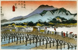 Coğrafya. Nihonbashi#39;de (55. istasyon) sabah parlıyor. Hiroshige#39;nin gravürü: Tokaido#39;nun Elli Üç İstasyonu (1833-1834). Kartpostal, Japonya, 1900 dolayları (kartpostal)