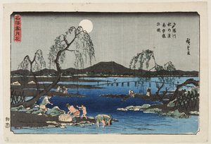 Sonbahar Ayının altında Tama Nehri'nde Tatlı Balık yakalamak (Tamagawa aki no tsuki ayugari no zu) (renkli tahta baskı) by Ando or Utagawa Hiroshige