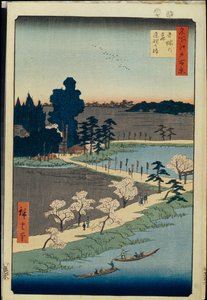Cent vues celebres d'Edo : Azuma no mori Mabedi ve Dolaşmış Kafur (Edo'nun Yüz Ünlü Manzarası) - Hiroshige, Utagawa (1797-1858) - 1856-1858 - Renkli gravür - 36x24 - Devlet İnziva Yeri, St. Petersburg by Ando or Utagawa Hiroshige