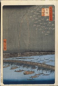 Cent vues celebres d'Edo : Ryogoku Köprüsü'nün Havai Fişekleri (Edo'nun Yüz Ünlü Manzarası) - Hiroshige, Utagawa (1797-1858) - 1856-1858 - Renkli gravür - Devlet İnziva Yeri, St. Petersburg by Ando or Utagawa Hiroshige