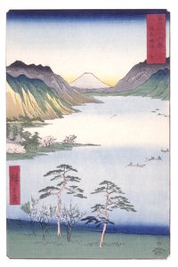 Shinano Eyaletindeki Suwa Gölü (Shinano Suwa No Ko) (renkli tahta baskı) by Ando or Utagawa Hiroshige