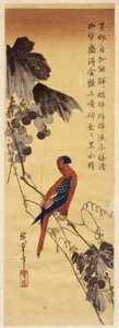 Parrot And Grape Vines (renkli tahta baskı) by Ando or Utagawa Hiroshige