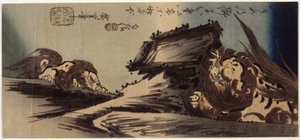 Uçurumda İki Aslan (renkli tahta baskı) by Ando or Utagawa Hiroshige