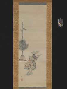 Dans Eden Şapkalı İki Kadın (ipek üzerine mürekkep ve renkli) by Ando or Utagawa Hiroshige