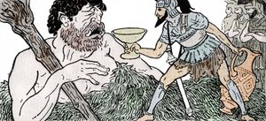 Odyssee d'Homere: “Homeros'un Odysseia'sı: Odysseus Cyclops Polyphemus'a bir bardak şarap sunuyor” Jean Baptiste Coissac'ın “Le retour d'Ulysse” adlı eserinde Andre Bonamy'nin (1880-1943) çizimi by Andre Bonamy