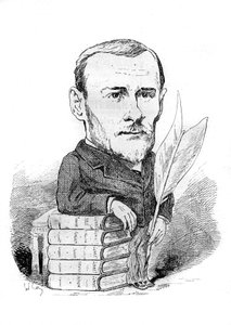 Georges Ohnet (1848-1918), kitapları ve kalemi ile temsil eden Fransız yazar tarafından çizilen karikatür. Andre Gill