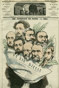 Fransız edebiyatçı Edmont About (1828-?) tarafından yönetilen “Le XIXe siècle” gazetesi ekibinin karikatürü. Gill