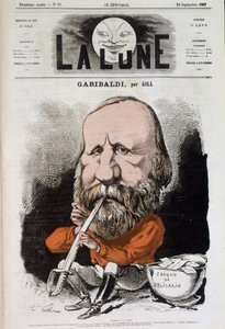 Giuseppe Garibaldi (1807-1882), barışın marşı - Gill tarafından, 22/09/1867 tarihli “Ay” da by Andre Gill