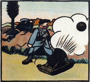 Birinci Dünya Savaşı 1914-1918 (14-18): Bomba fırlatıcısı. Bir Fransız askeri topla düşmana bomba gönderiyor. "1914-1916 Büyük Savaş Alfabesi (askerlerimizin çocukları için)" içinde gravür. Editions Berger-Levrault