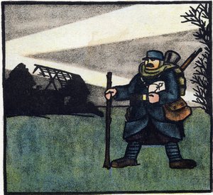 Birinci Dünya Savaşı 1914-1918 (14-18): Kıllı. Askeri üniformalı, sırt çantalı ve tüfekli bir Fransız askerinin portresi. "1914-1916 Büyük Savaş Alfabesi (askerlerimizin çocukları için)" içinde gravür. Editions Berger-Levrault