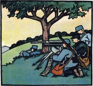 Birinci Dünya Savaşı 1914-1918 (14-18): Fransız ordusunun askerleri savaş meydanlarında makineli tüfek kullanırken. "1914-1916 Büyük Savaş Alfabesi (askerlerimizin çocukları için)" içinde gravür. Editions Berger-Levrault