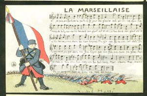 Kartpostal, Renklerle Satirik: La Marseillaise - 14-18 Savaşı, Marseillaise, Andre Helle (1875-1945) tarafından Şarkı İllüstrasyonu by Andre Helle