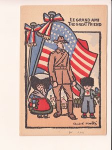 Kartpostal, Renklerle Hiciv: Le grand ami büyük dost - 14-18 Savaşı, Amerika, Alsace Lorraine Andre Helle (1875-1945) tarafından illüstrasyon
