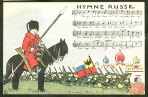 Kartpostal, Renklerle Hiciv: Rus Marşı - 14-18 Savaşı, Rusya, Şarkı Söyleyen - Askerler Andre Helle (1875-1945) tarafından illüstrasyon by Andre Helle