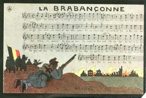 Kartpostal, Satirik Renkler, 1915 civarı: La brabanconne - 14-18 Savaşı, Belçika, İlahi - Askerler Andre Helle (1875-1945) tarafından illüstrasyon