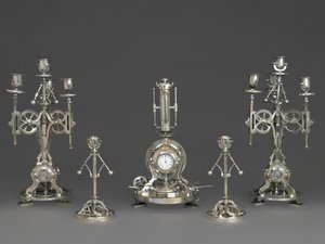 Saat, Beş Parçalı Saat Garnitürünün Parçası, c.1880 (gümüş bronz, cam, kağıt) by Andre Romain Guilmet