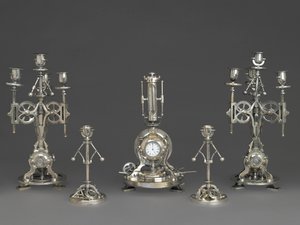 Beş Parçalı Saat Garnitür, c.1880 (gümüş bronz, cam ve kağıt) by Andre Romain Guilmet