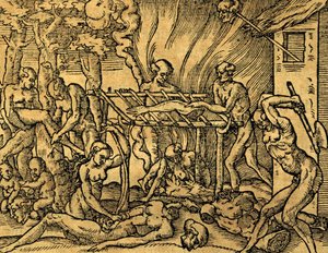 Brezilya'daki Tupinamba yamyam kabilesi, Les singularitez de la France antarktika'dan gravür, Andre' Thevet (1504-1592), Paris