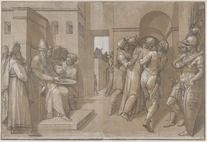 İsa götürülüyor, askerler sayfanın sağ tarafında duruyor, 1585. by Andrea Andreani