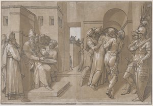 Soldaki Pilatus, çarşafın sol tarafında ellerini yıkıyor, 1585. by Andrea Andreani