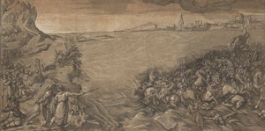 Kızıldeniz'in geçişi, Musa sol tarafta batık olan orduyu işaret ediyor..., 1589. by Andrea Andreani