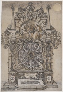 Bir çarkın üzerinde mimari bir çerçeve içinde üç kaderle Ölümün Zaferi..., 1588. by Andrea Andreani