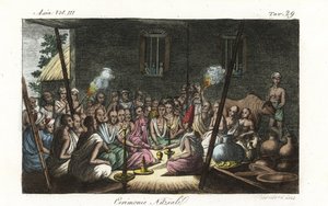Karısının evinde düzenlenen Hindu brahmin evlilik töreni veya Bibaha. Andrea Bernieri tarafından Giulio Ferrario'nun Eski ve Modern Kostümleri'nden Francois Solvyns'in ardından çizilen ve oyulmuş elle boyanmış bakır levha, Floransa, İtalya by Andrea Bernieri