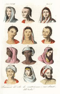 Farklı Hint kastlarının portreleri: Brahminler 1.2, Kshatriyas veya Khatri, Punjabi ticari kastı 3.4, Vaisyas 5.6, Sudras 7.8, Yukarı Hindistan Hinduları 9,10 ve Babürler 11,12. Andrea Bernieri'nin François Solvyns'den sonra yaptığı elle boyanmış b by Andrea Bernieri