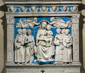 Azizlerle Madonna ve Çocuk, Andrea della Robbia (1435-1525), sırlı çanak çömlek, Medici Şapeli, Santa Croce Kilisesi, Floransa, İtalya