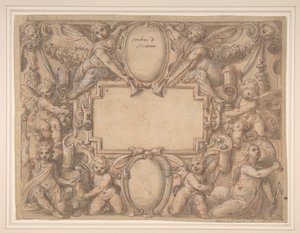 Alegorik Figürlerle Çevrili Bir Kartuş ve İki Kalkan., 1570-1631. by Andrea Lilli