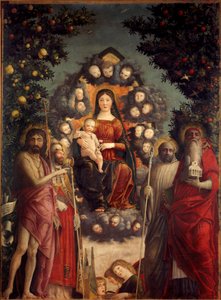 Altarpiece Trivulzio ““Kutsal Konuşma”” Bakire ve İsa Mesih bir mandorla içinde temsil edilir. Vaftizci Yahya, Papa I. Büyük Gregoire (540-604), Aziz Jerome (kilise ve kitaplar taşıyan), Aziz Benedict (dre) ile çevrilidirler. by Andrea Mantegna