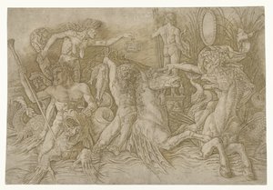 Ejderhanın sırtında duran kıskançlığın kişileşmesi olarak hipokampusa binen satirler ve yaşlı kadın arasındaki savaş Deniz Tanrıları Savaşı by Andrea Mantegna
