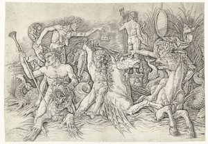 Ejderhanın arkasında duran kıskançlığın kişileşmesi olarak hipokampiye binen satirlerin ve yaşlı kadının savaşı Deniz tanrılarının savaşı by Andrea Mantegna