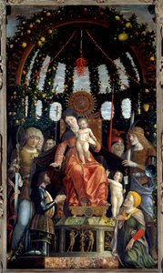 Zafer Bakiresi (Zafer Altarpiece) (Madonna della Vittoria). Meryem Ana temsil edilir: Aziz Michael, Aziz George, Aziz Longin ve Aziz Andre. Resmin hamisi, Mantua Markisi, Francois II de Gonzague (Francesco II Gonzaga) ( by Andrea Mantegna