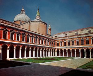 Rönesans mimarisi: Mimar Andrea di Pietro della Gondola dit Palladio (1508-1580) 1566 Venedik (Venezia), İtalya tarafından tasarlanan San Giorgio Maggiore (Aziz George the Major) kilisesinin manastırının görünümü
