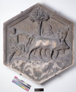 Tarım Sanatı, Sanat ve Bilim pratisyenlerini betimleyen bir diziden altıgen dekoratif kabartma karo, muhtemelen Giotto (c.1266-1337) c.1334-1348 (mermer) tarafından yapılan tasarımlara dayanmaktadır.