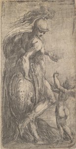 Solda bir kalkana yaslanmış duran Mars, sağda Cupid, yakl. 1542-46. by Andrea Schiavone