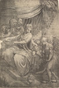 Kutsal Aile, sağdan yaklaşan çiçekleri tutan bir melek, ca. 1550-53. by Andrea Schiavone