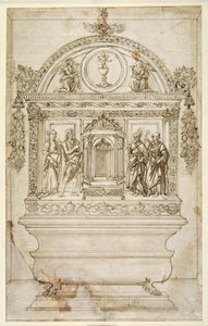 Eucharist için bir mesken ile bir şapelin sunağı için tasarım (beyaz kağıt üzerinde kahverengi yıkama ile kalem ve kahverengi mürekkep) by Andrea del (follower of) Verrocchio