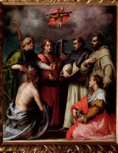 Aziz Petrus, Aziz Lawrence, Hippo Aziz Augustine, Aziz Francis, Aziz Sebastian, Aziz Mary Magdalene ile Kutsal Üçlü Müzakere (Resim, c.1517) by Andrea del Sarto
